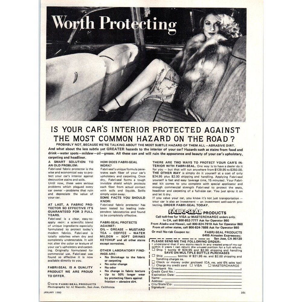 1980 Fabri-Seal Fabric Protectant Vintage Print Ad Blonde Fur Coat 80s Wall Art